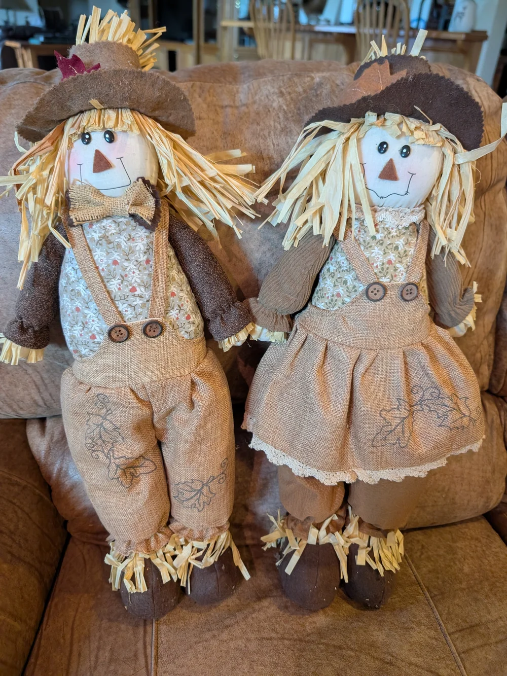 Pair of Rustic Fall Scarecrow Dolls - Neutral Brown & Tan